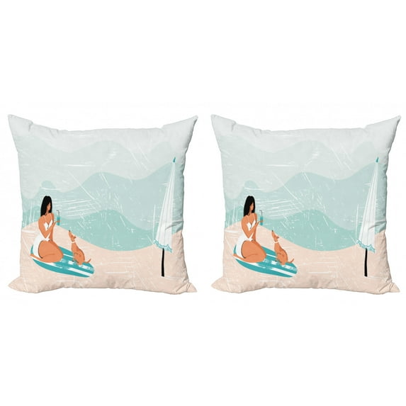 Graphic Beach Throw Pillow Cushion Cover Pack of 2, Abstract Doodle of Girl and Her Dog at Seaside Retro Grunge, Zippered Double-Side Digital Print, 4 Sizes, Multicolor, by Ambesonne