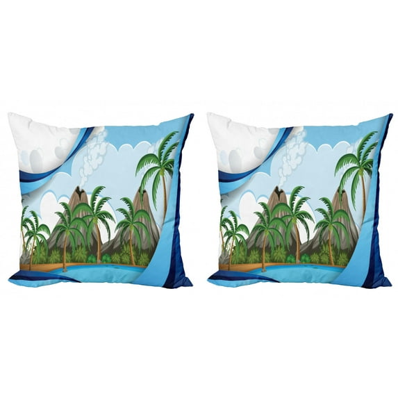 Graphic Beach Throw Pillow Cushion Cover Pack of 2, Cartoon Illustration of Exotic Volcano Island with Palm Trees and Ocean Print, Zippered Double-Side Digital Print, 4 Sizes, Multicolor, by Ambesonne