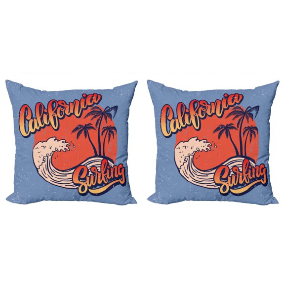 Ambesonne Graphic Beach Throw Pillow Cover 2 Pack, California Surfing, 20", Ceil Blue Burnt Sienna