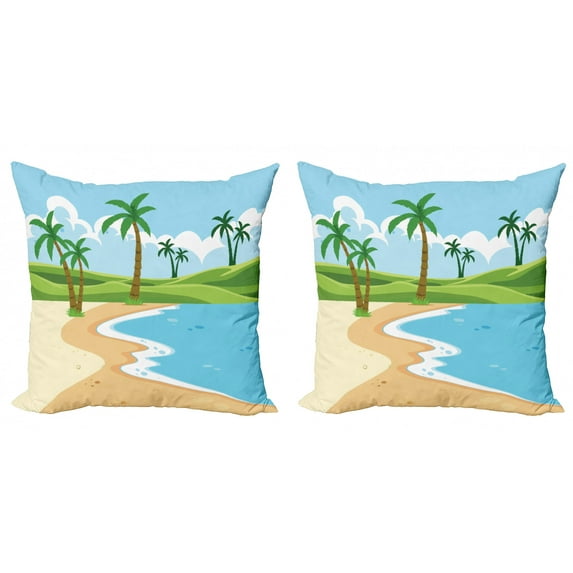 Graphic Beach Throw Pillow Cushion Cover Pack of 2, Idyllic Tranquil Coast with Grassy Hills and Palm Trees in Cartoon Style, Zippered Double-Side Digital Print, 4 Sizes, Multicolor, by Ambesonne