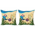 thumbnail image 1 of Graphic Beach Throw Pillow Cushion Cover Pack of 2, Tranquil Coast Fun Composition with Parasols Towels Bag Guitar and Camera, Zippered Double-Side Digital Print, 4 Sizes, Multicolor, by Ambesonne, 1 of 2