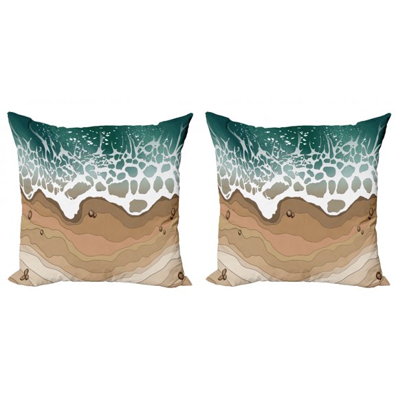 Graphic Beach Throw Pillow Cushion Cover Pack of 2, Tropical Splashes Aerial Vista Illustration of Foamy Sea Waves on Sands Print, Zippered Double-Side Digital Print, 4 Sizes, Multicolor, by Ambesonne