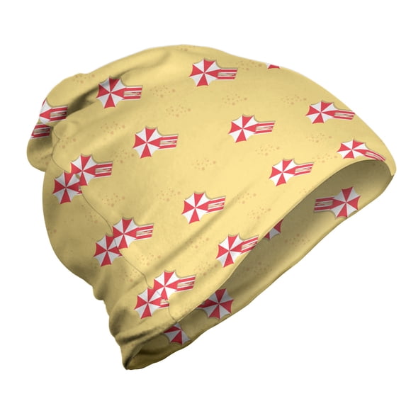 Graphic Beach Unisex Beanie, Towels and Parasols, Hiking Outdoors, Pastel Yellow Dark Coral, by Ambesonne