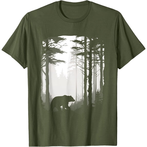 Graphic Bear Forest Wildlife Silhouette Mist Wilderness Unisex T-Shirt for Men Women Kids Toddler,Military Green Color,Size 4XL