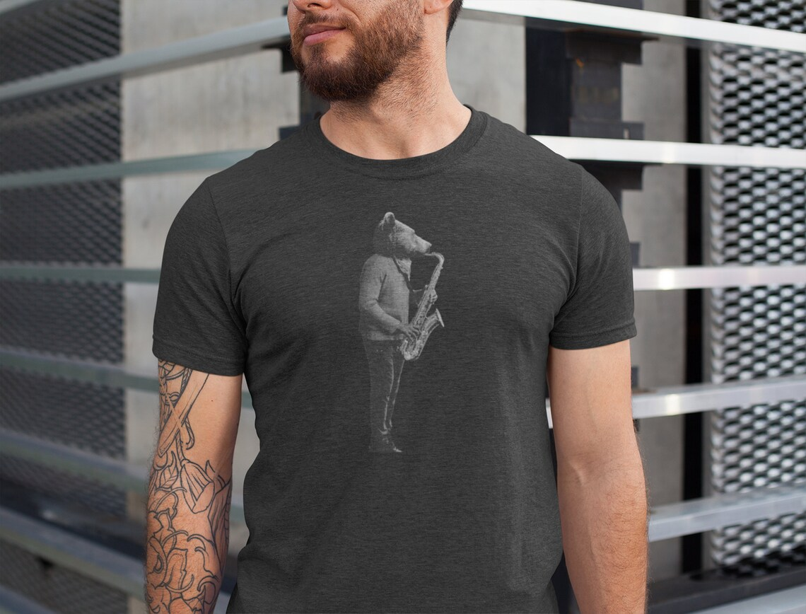 Graphic Bear Playing the Saxophone Men TShirt Gift, Music Jazz Tee