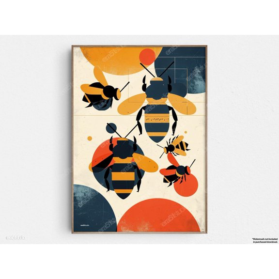 Graphic Bees Original Mid Century Modern Minimalist Wall Art Home Room Interior Decorative