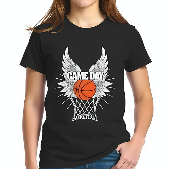 Graphic Black Cotton Short Sleeve T-Shirt - Basketball with Wings & 'GAME DAY' Design