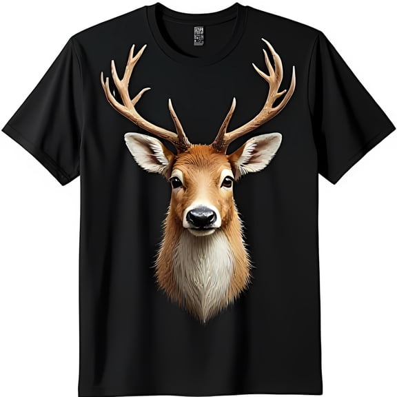 Graphic Black T-Shirt Lifelike Antlers & Gentle Expression