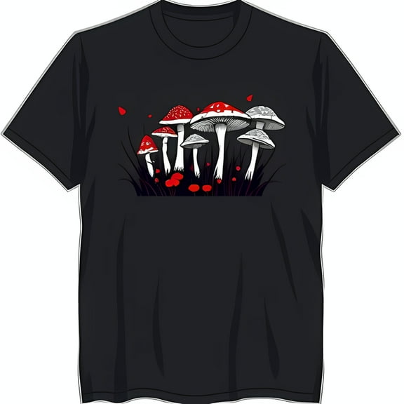 Graphic Black T-Shirt with Red and White Mushroom Design Short Sleeve Neck