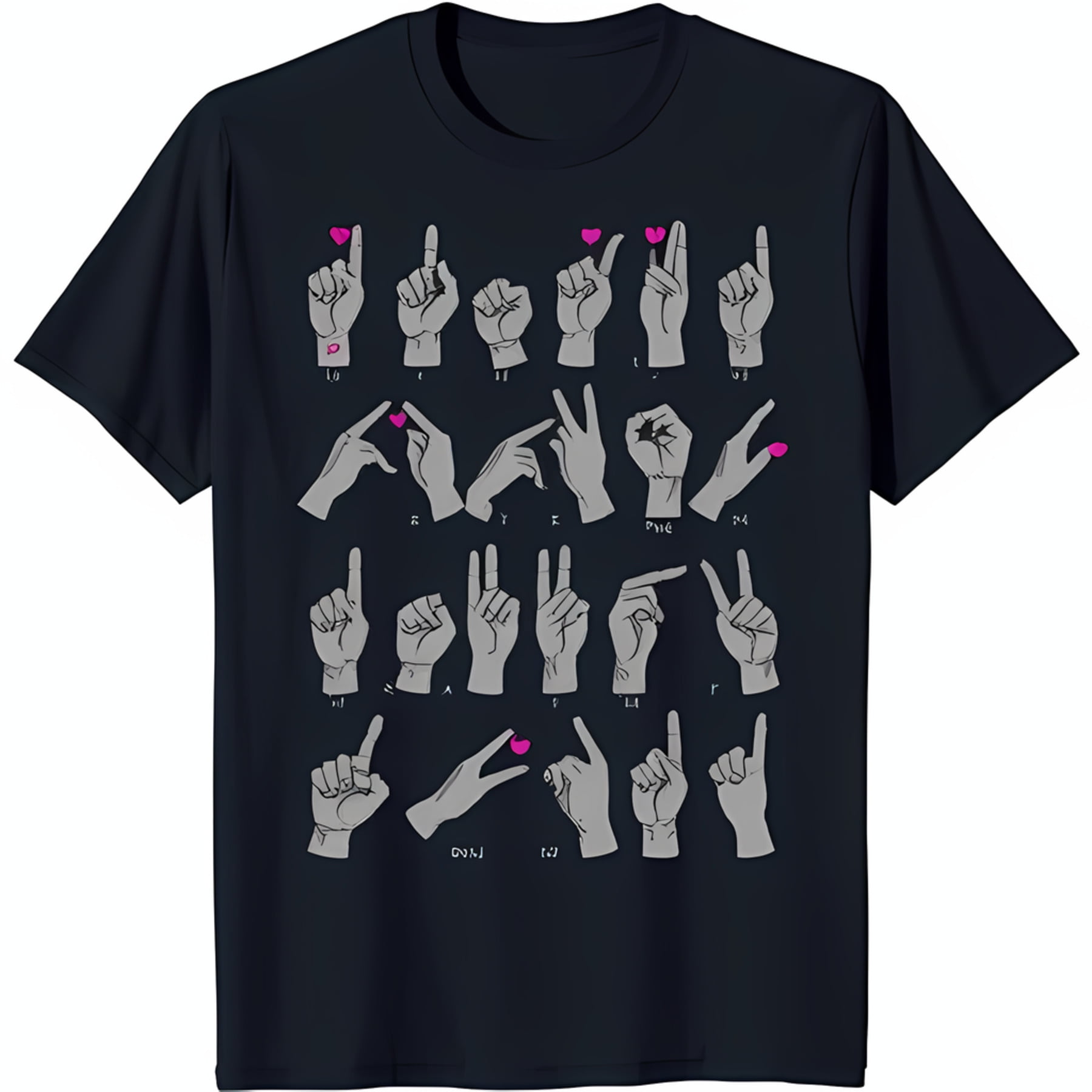 Graphic Blue TShirt with ASL Alphabet Hand Gestures & Pink Hearts