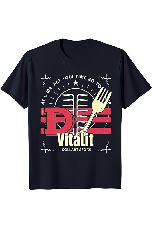 Graphic Blue T-Shirt with Fork Design & 'Vitalit Collart Sfork' Text Unique Red White and Yellow Art
