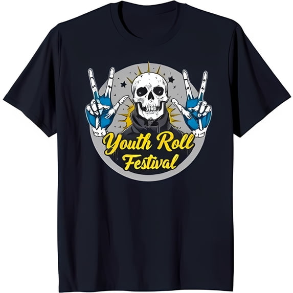 Graphic Blue T-Shirt with Skeleton in Blue Youth Roll Festival Design