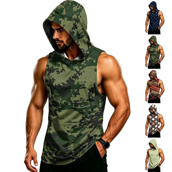 Graphic Camo Sleeveless Hooded Tank Top for Men, Muscle Fit Pullover Gym Vest - Quick-Dry Athletic Shirt with Pocket for Bodybuilding & Summer Training White XXXXL