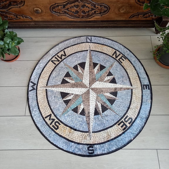 Graphic Compass Round Area Rug, trendy hypebeast circle carpet for teen bedroom or gaming station, ultra-soft washable non-slip floor mat, bold summer lifestyle décor accent