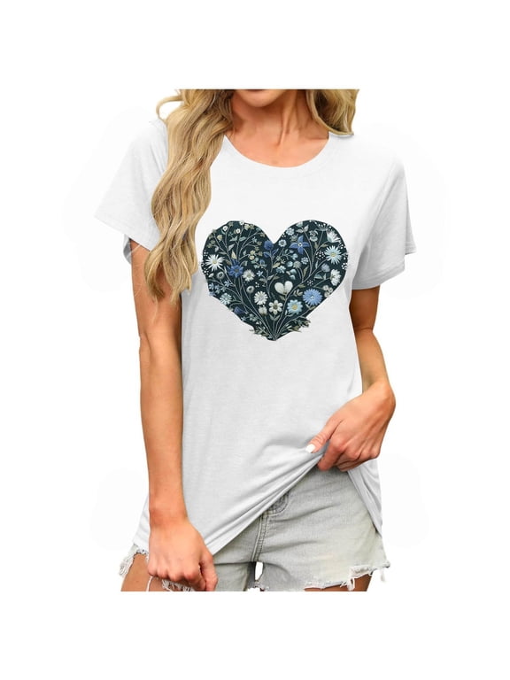 Graphic Crewneck Shirt for Women Boho Floral Wildflowers Tee Casual Cottagecore Summer T-Shirt Blouse