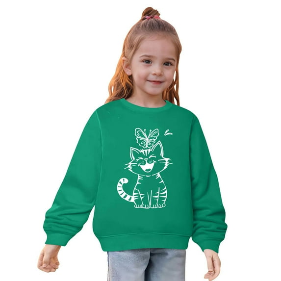 Graphic Crewneck Sweatshirt Girls 2-9 Years Old Graphic Long Sleeve Fall Tops Kid's Fashion Clothes, Green, 5 Years