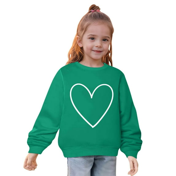 Graphic Crewneck Sweatshirt Girls 2-9 Years Old Heart Print Long Sleeve Cute Tops Kid's Fashion Clothes, Green, 7 Years