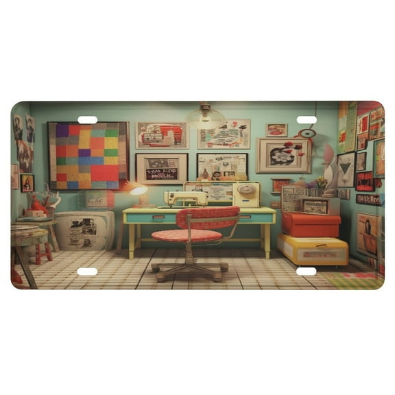 Graphic Design Sewing Room License Plate Covers Personalized Front License Plates Sewing Lovers Gift Custom License Plate Holder with 4 Holes for Your Golf Cart 6x12 Inch for Women Girls Men Boys