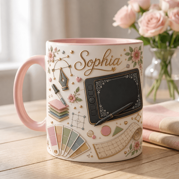 Graphic Designer Mug with 3D Effect, Personalized Name Tablet & Stylus Coffee Cup