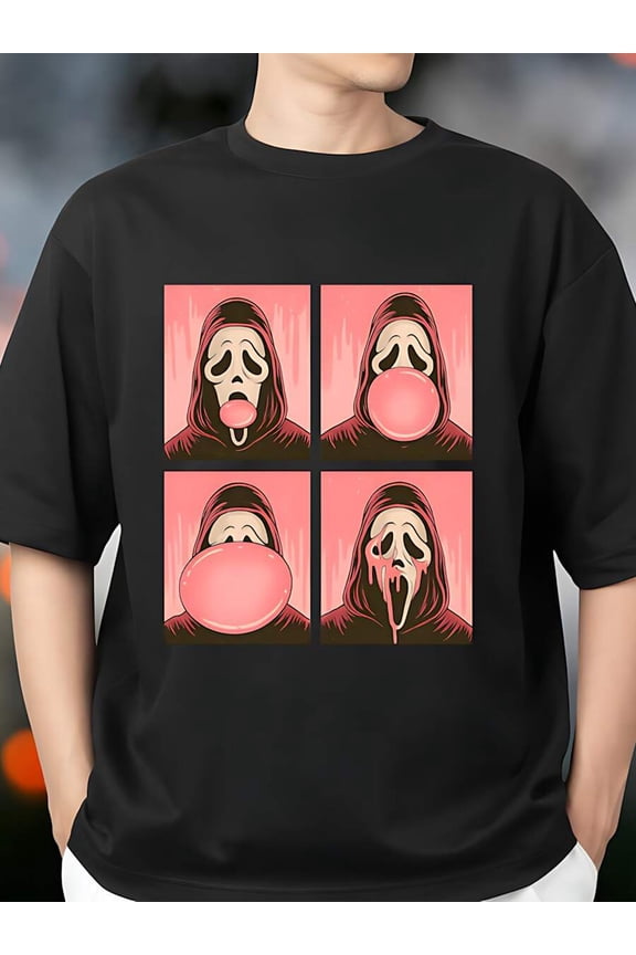 Graphic Ghost Face Bubble Gum T-Shirt, Horror Scream Movie Inspired Tee, Funny & Creepy Design, Halloween Shirt