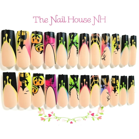 Graphic Halloween Neon French Manicure Matte Long Square Press On Nails - 24 Pieces - Artificial Nail Kit