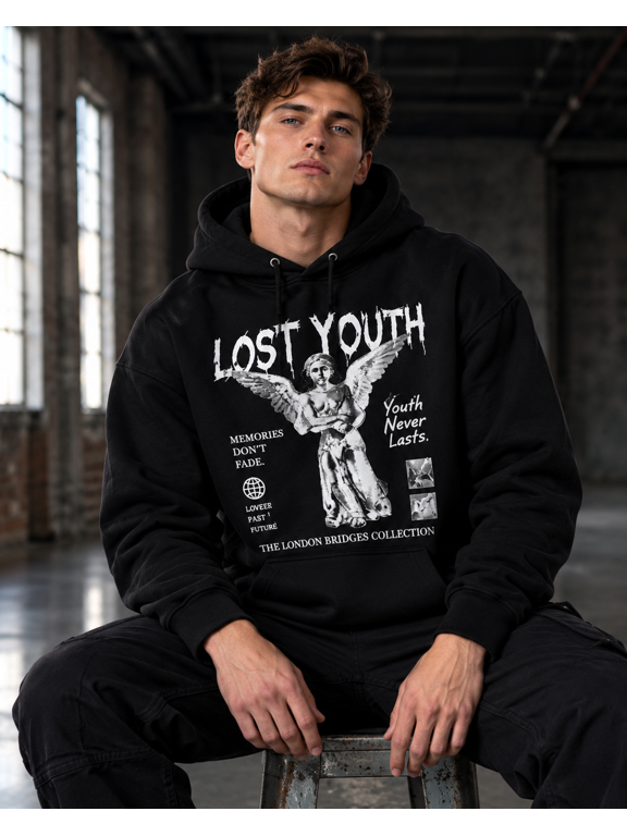 Men's Graphic Pullover Hoodie, Lost Youth Streetwear Fleece Sweatshirt