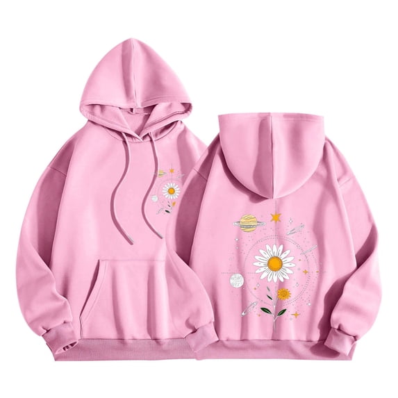 Graphic Hoodie for Women Cute Flower Print Long Sleeve Preppy Y2K Oversized Pullover Casual Lounge Hooded with Pocket