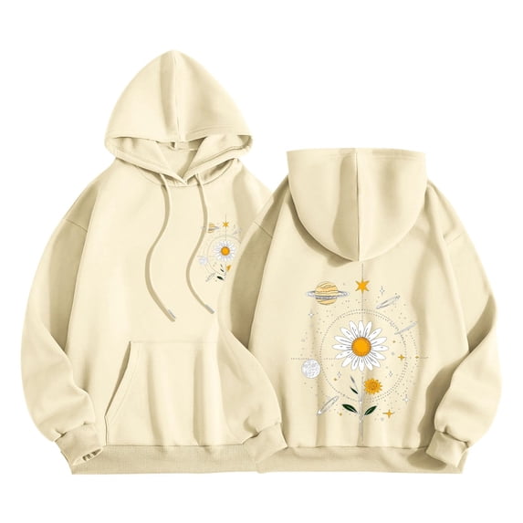 Graphic Hoodie for Women Cute Flower Print Long Sleeve Preppy Y2K Oversized Pullover Casual Lounge Hooded with Pocket