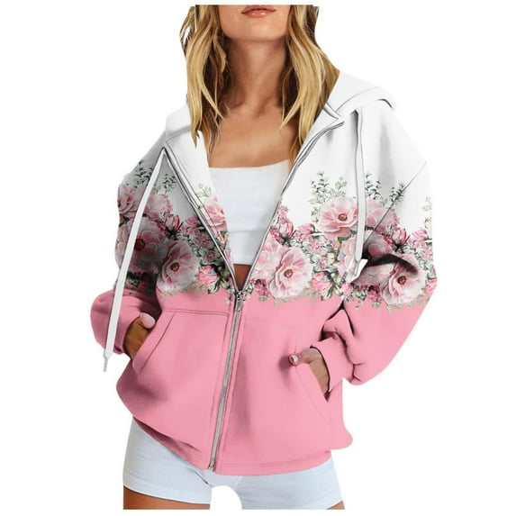 Graphic Hoodies Cardigan Sweaters for Women Zip Up Sweatshirt Womens Fall Fashion Women's Long Sleeve Floral Print Sweatshirt Long Sleeve Pocket Jacket Zipper Hoodie Coat Pink XXXL
