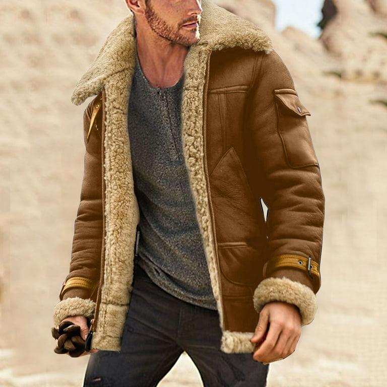 Graphic Hoodies For Men Plus Size Faux Fur Lapel Collar Long Sleeve Padded Leather Jacket Vintage Style Thicken Coat Sheepskin Cashmere Jackets Winter Big And Tall Men S Fashion Sweatshirts Brown Walm...