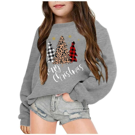 Graphic Hoodies for Girls Size 14-16 Christmas Tree Print Long Sleeve T-Shirts Casual Soft Spring Fall Casual Shirt Gifts for Kids,Grey,6-7 Years