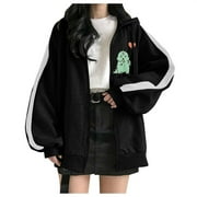 Graphic Hoodies for Teen Girl Fleece Lined Zip Up Hoodie Women Cute Tops Loose-Fit Open Front Anime Hoodies Jackets