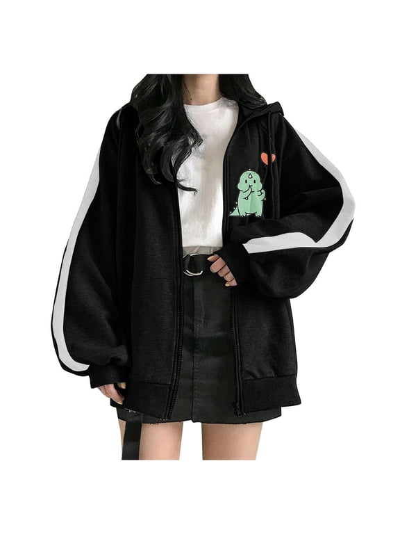 Graphic Hoodies for Teen Girl Fleece Lined Zip Up Hoodie Women Cute Tops Loose-Fit Open Front Anime Hoodies Jackets