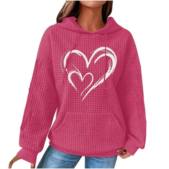 Graphic Hoodies for Women Fashion Waffle Heart Print Crewneck Sweatshirts Long Sleeve Fall Loose Casual Tops with Pocket(Hot Pink M)