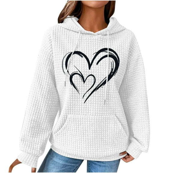 Graphic Hoodies for Women Fashion Waffle Heart Print Crewneck Sweatshirts Long Sleeve Fall Loose Casual Tops with Pocket(White L)