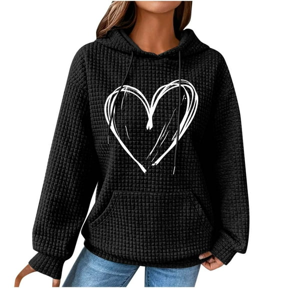 Graphic Hoodies for Women Fashion Waffle Heart Print Pullover Sweatshirts Long Sleeve Fall Loose Casual Tops with Pocket(Black L)