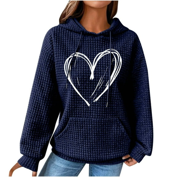 Graphic Hoodies for Women Fashion Waffle Heart Print Pullover Sweatshirts Long Sleeve Fall Loose Casual Tops with Pocket(Dark Blue M)