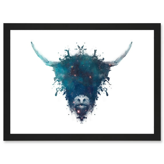Graphic Ink Splat Highland Cow Coo Scotland A4 Artwork Framed Wall Art Print