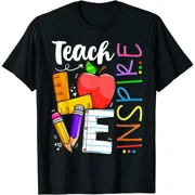 JOINTLYCREATING Graphic & Letter Print T-shirt Cute Teach Love And Inspire Men Women Teacher T-Shirt Black Tee