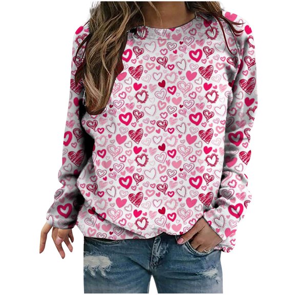 Graphic Long Sleeve Shirts For Women Valentines Day Love Heart Print Sweatshirt Casual Crew-Neck Blouse Sweater Tops