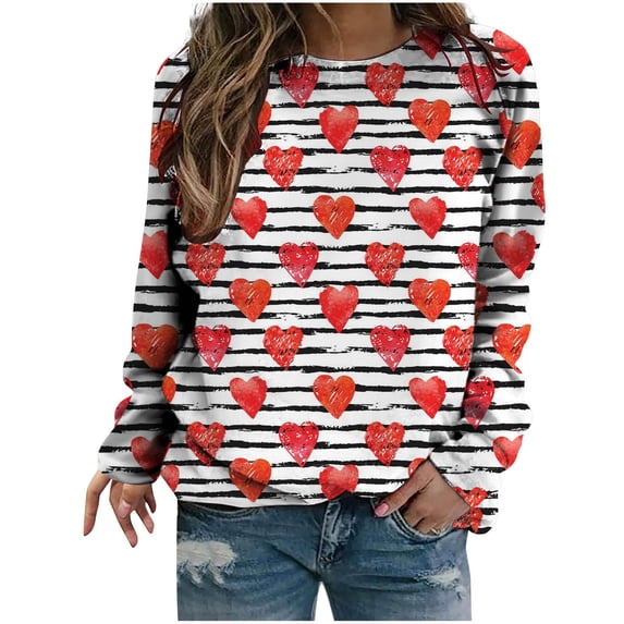 Graphic Long Sleeve Shirts For Women Valentines Day Love Heart Print Sweatshirt Casual Crew-Neck Blouse Sweater Tops