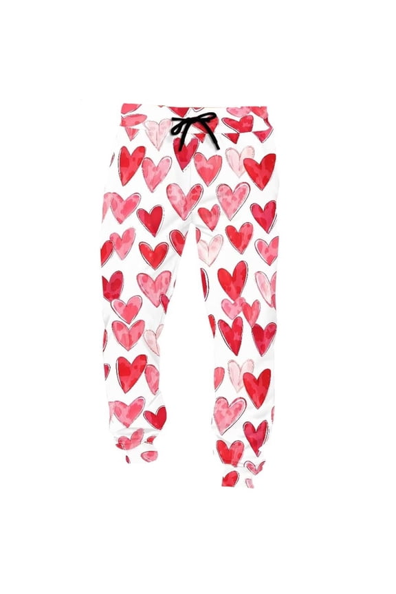 Graphic Pants Men Casual Full Heart Printed Comfortable Valentines Jogger with Drawstring Pant