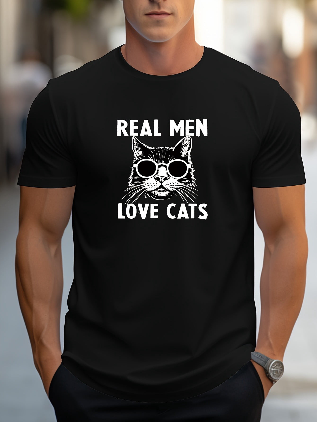 Graphic Print Men's Creative Top, REAL MEN LOVE CATS Casual Short ...