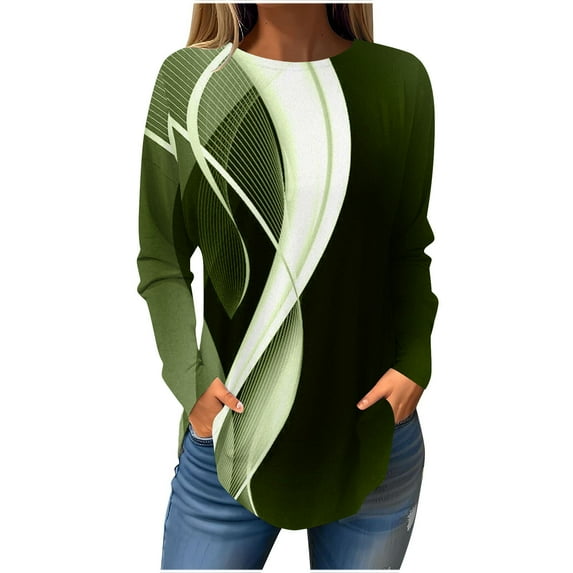 Graphic Print Shirts for Women Long Sleeve Color Block Plus Size Crew Neck Casual Loose Pullover Tops 90s Outfits for Ladies(Army Green,L)