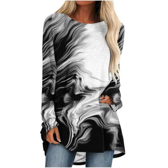 Graphic Print Shirts for Women Long Sleeve Color Block Plus Size Crew Neck Casual Loose Pullover Tops 90s Outfits for Ladies(Black,XL)