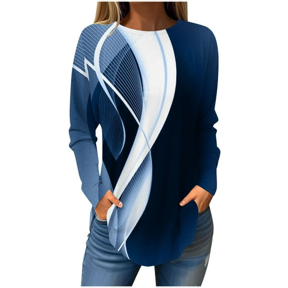 Graphic Print Shirts for Women Long Sleeve Color Block Plus Size Crew Neck Casual Loose Pullover Tops 90s Outfits for Ladies(Blue,XXL)