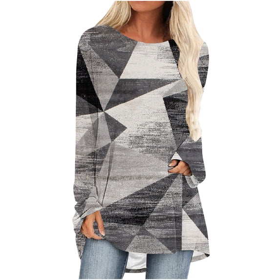 Graphic Print Shirts for Women Long Sleeve Color Block Plus Size Crew Neck Casual Loose Pullover Tops 90s Outfits for Ladies(Gray,XL)
