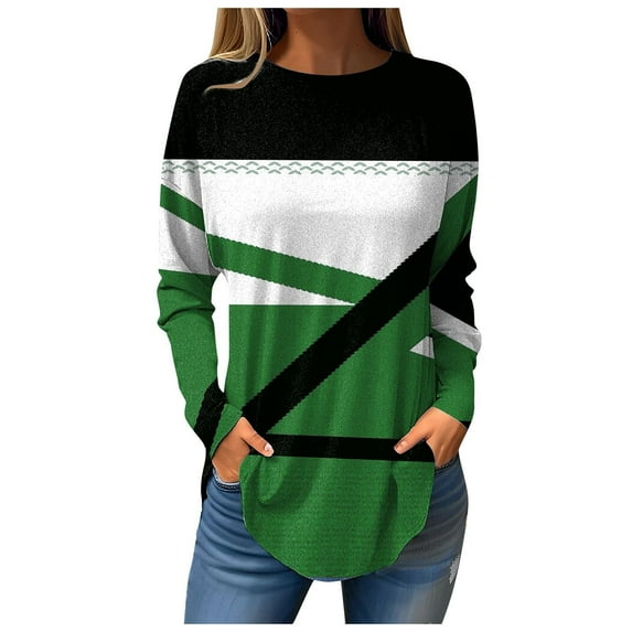 Graphic Print Shirts for Women Long Sleeve Color Block Plus Size Crew Neck Casual Loose Pullover Tops 90s Outfits for Ladies(Green,XL)