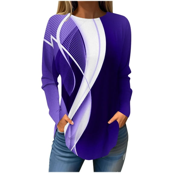 Graphic Print Shirts for Women Long Sleeve Color Block Plus Size Crew Neck Casual Loose Pullover Tops 90s Outfits for Ladies(Purple,XL)