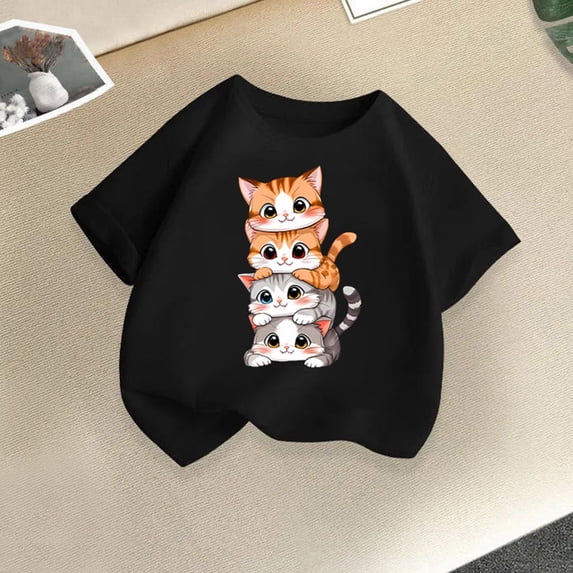 Graphic Print Summer Tops for Girls Boys Round Neck Casual T Shirts Short Sleeve Blouse Soft Kids Clothing Black 10-11 Years